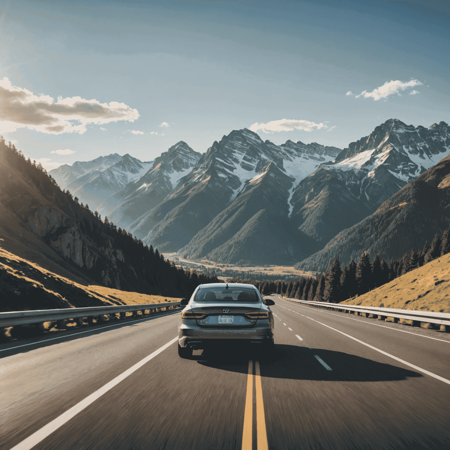 Car driving on a scenic road with mountains in the background, representing a long road trip