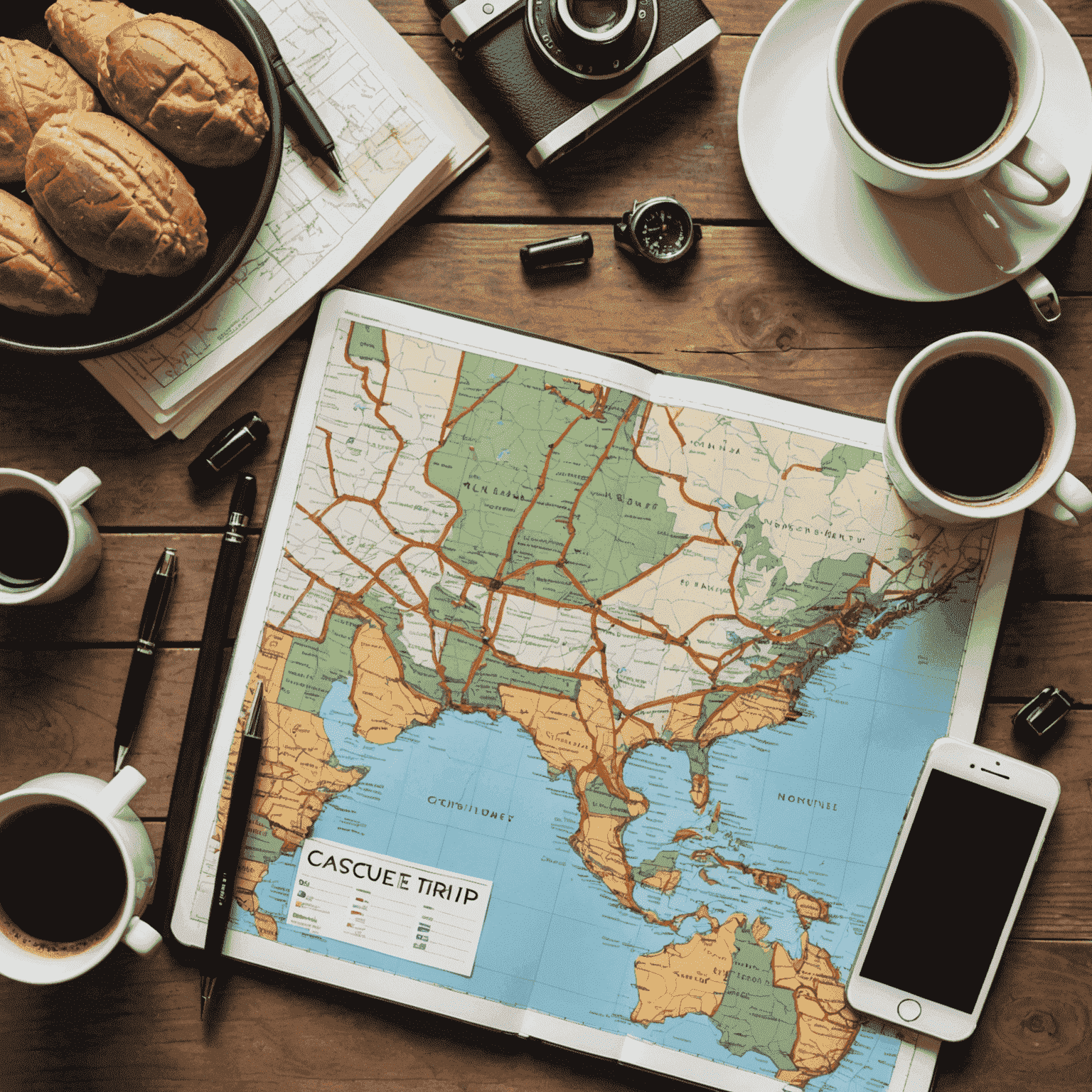 A map spread out on a table with various travel destinations marked, alongside a notebook, pen, and a mug of coffee, representing the process of planning a road trip itinerary