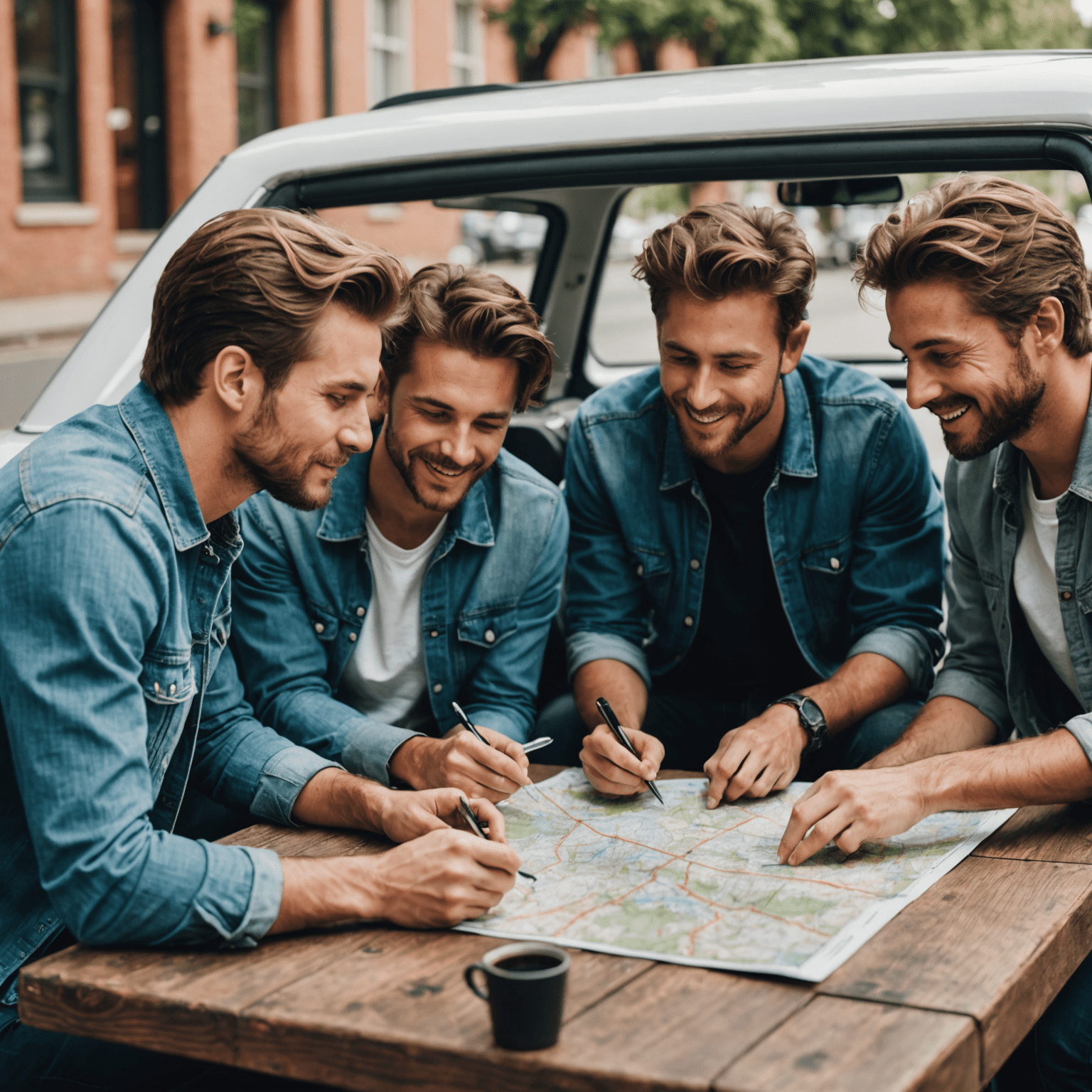 A group of friends planning their road trip together, looking at maps and discussing their itinerary