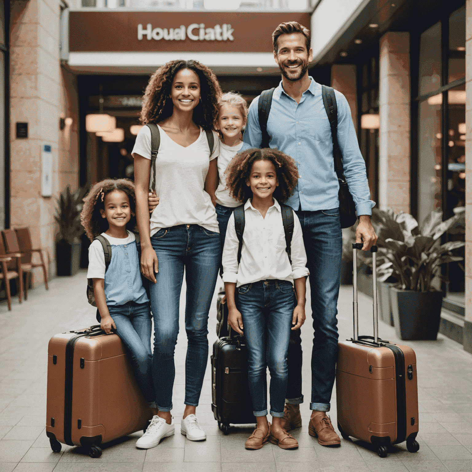 A family standing together with luggage, ready for a trip. They have smiles on their faces, looking confident and secure knowing they have comprehensive travel insurance.