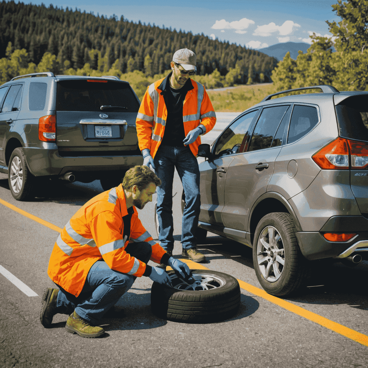 A friendly roadside assistance technician helping a stranded motorist change a flat tire on the side of a scenic highway