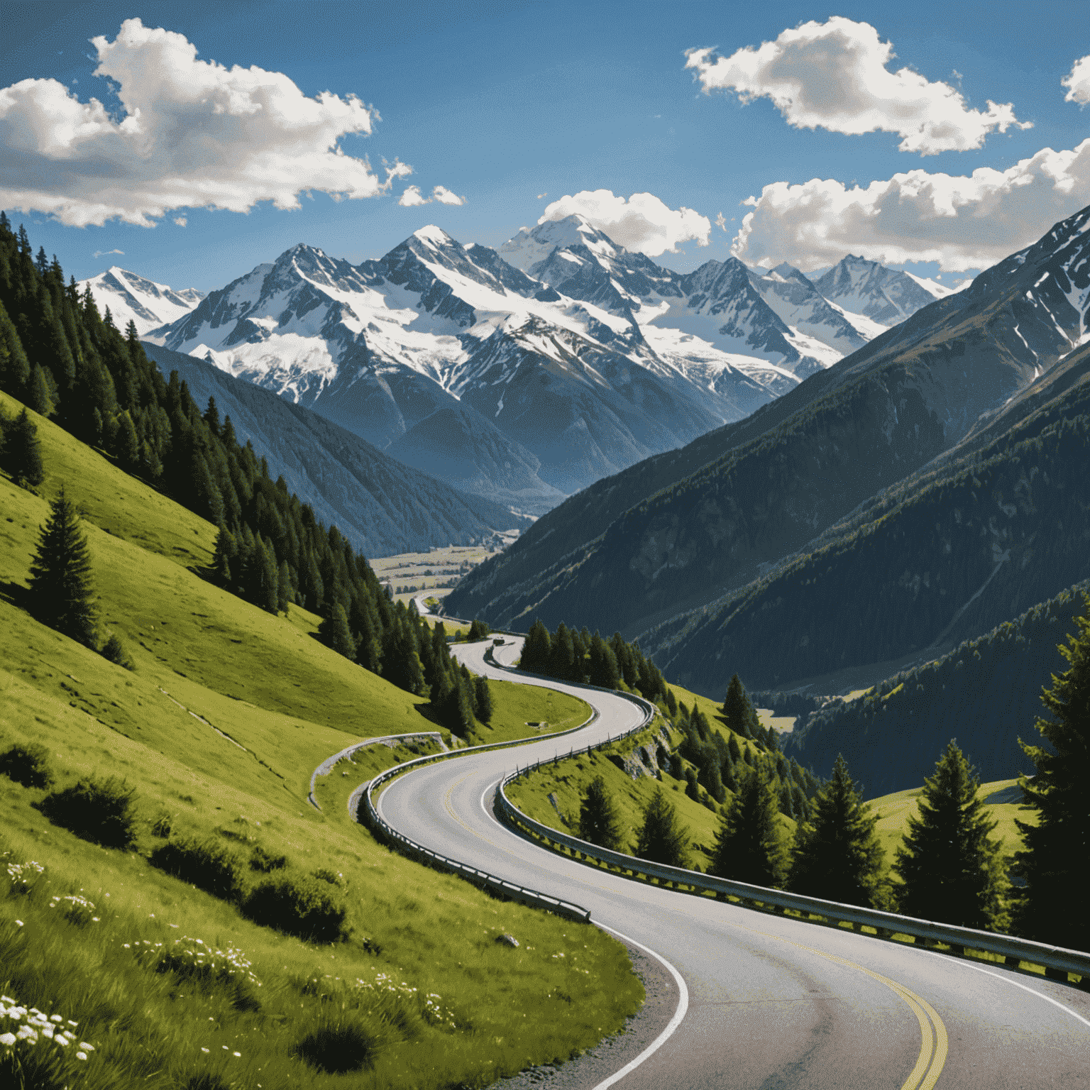 A winding mountain road with stunning views of snow-capped peaks and lush valleys, perfect for a scenic drive on your next road trip adventure