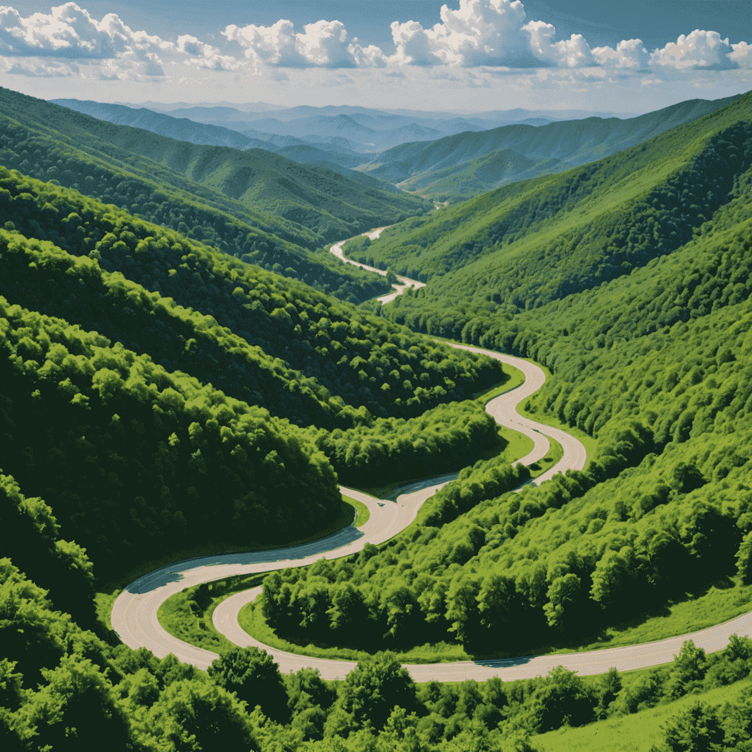 Lush green mountains and winding roads of the Blue Ridge Parkway