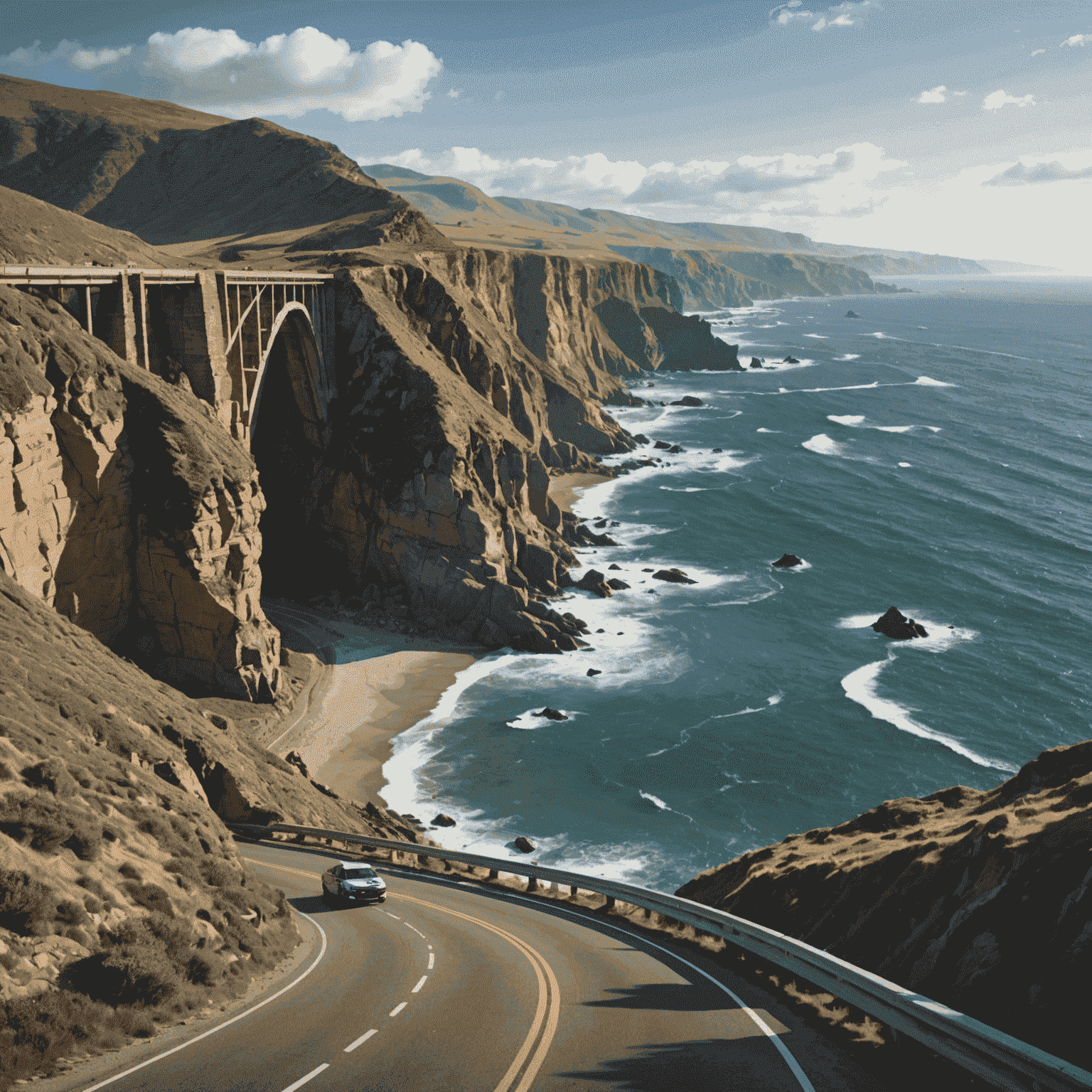 A picturesque coastal highway stretching along a rugged shoreline, with crashing waves and dramatic cliffs, ideal for a memorable road trip