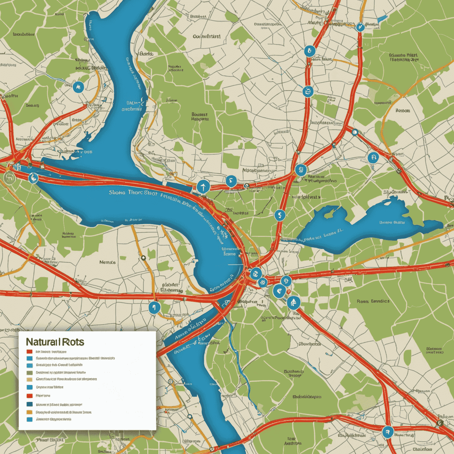 Map with various highlighted routes and stops