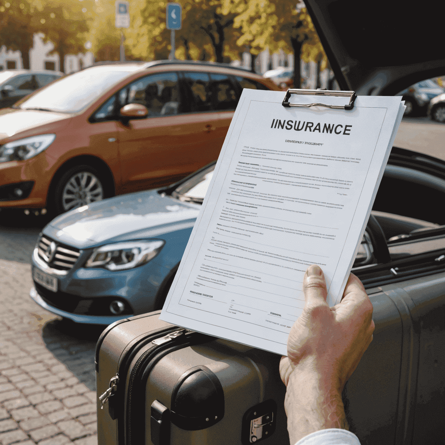 A person holding a travel insurance policy document, with a suitcase and a car in the background, representing protection for their travel investment.