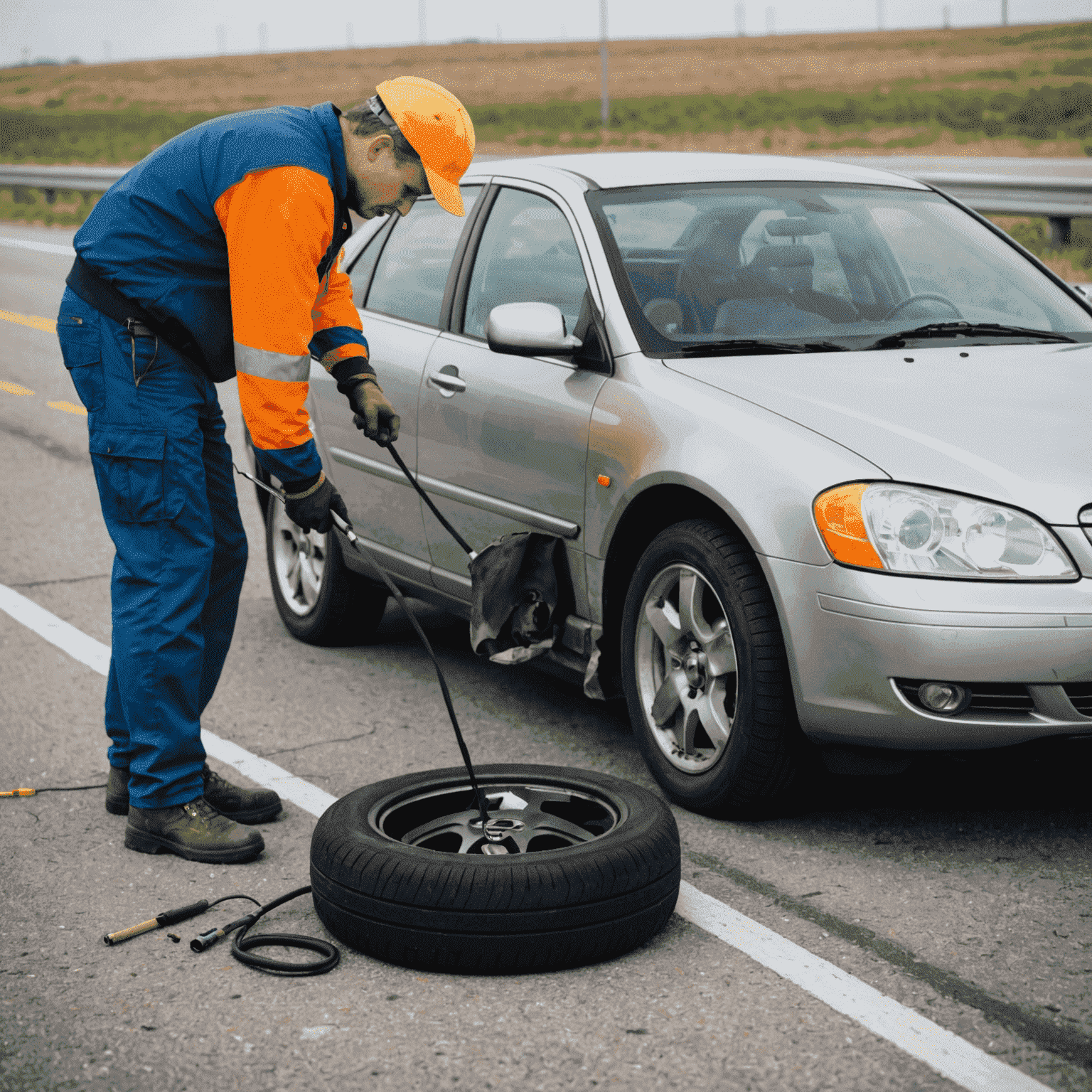 A roadside assistance technician helping a stranded motorist change a flat tire on their car at the side of a highway.