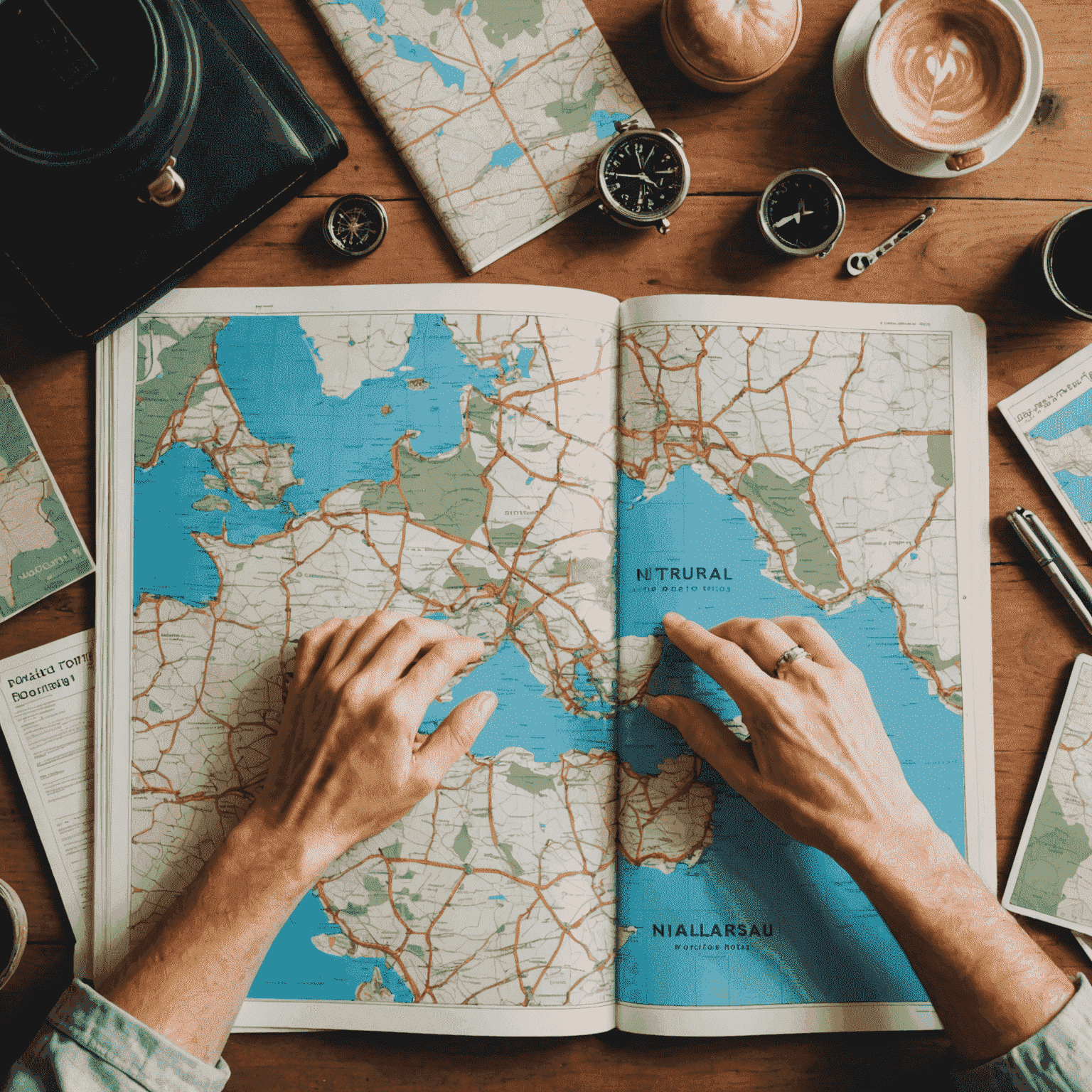 A collection of travel guides, maps, and resources spread out on a table, with a person's hand reaching for one of the guides, ready to plan their perfect road trip.