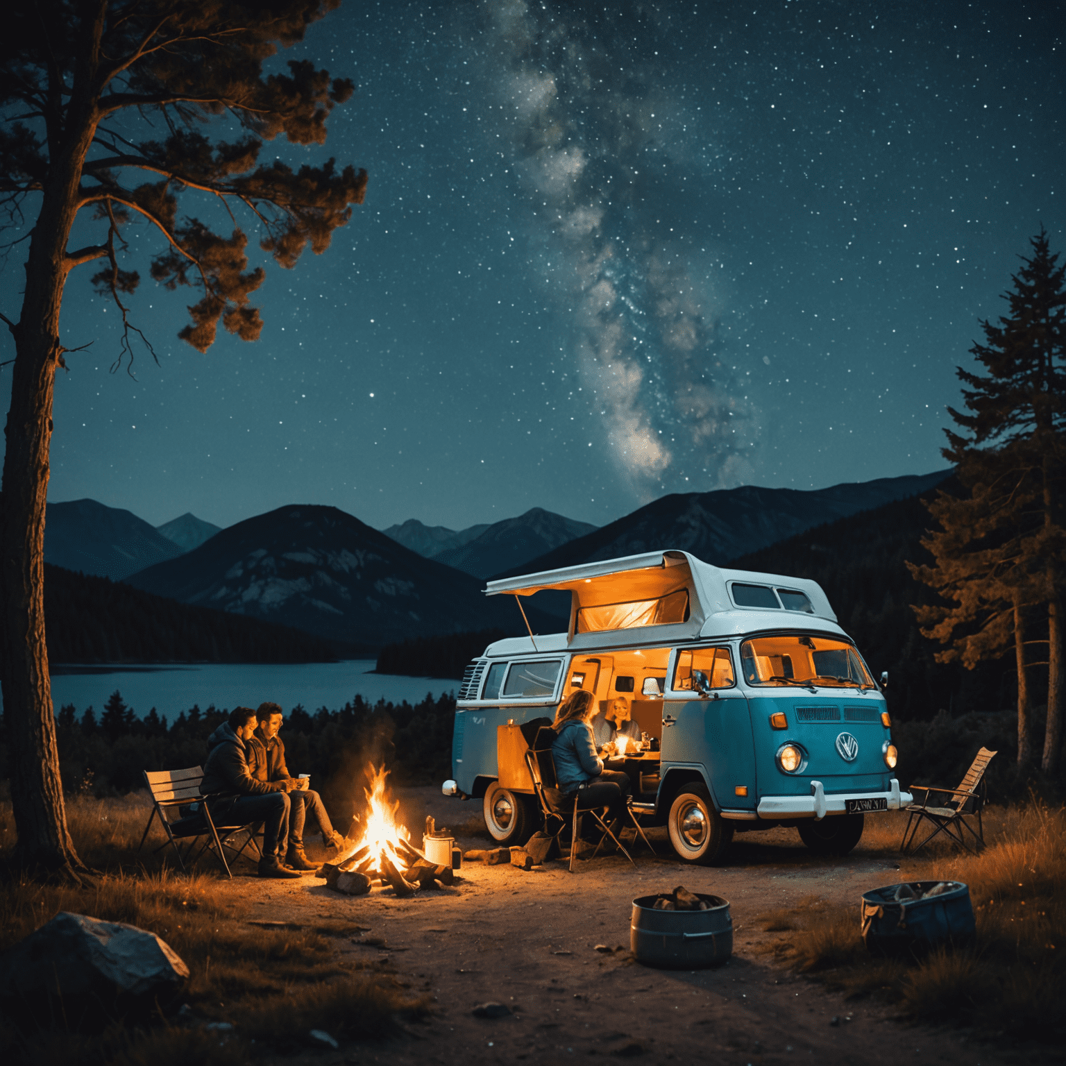 A couple sitting outside their retro-style campervan, enjoying a campfire under a starry night sky during their cross-country road trip