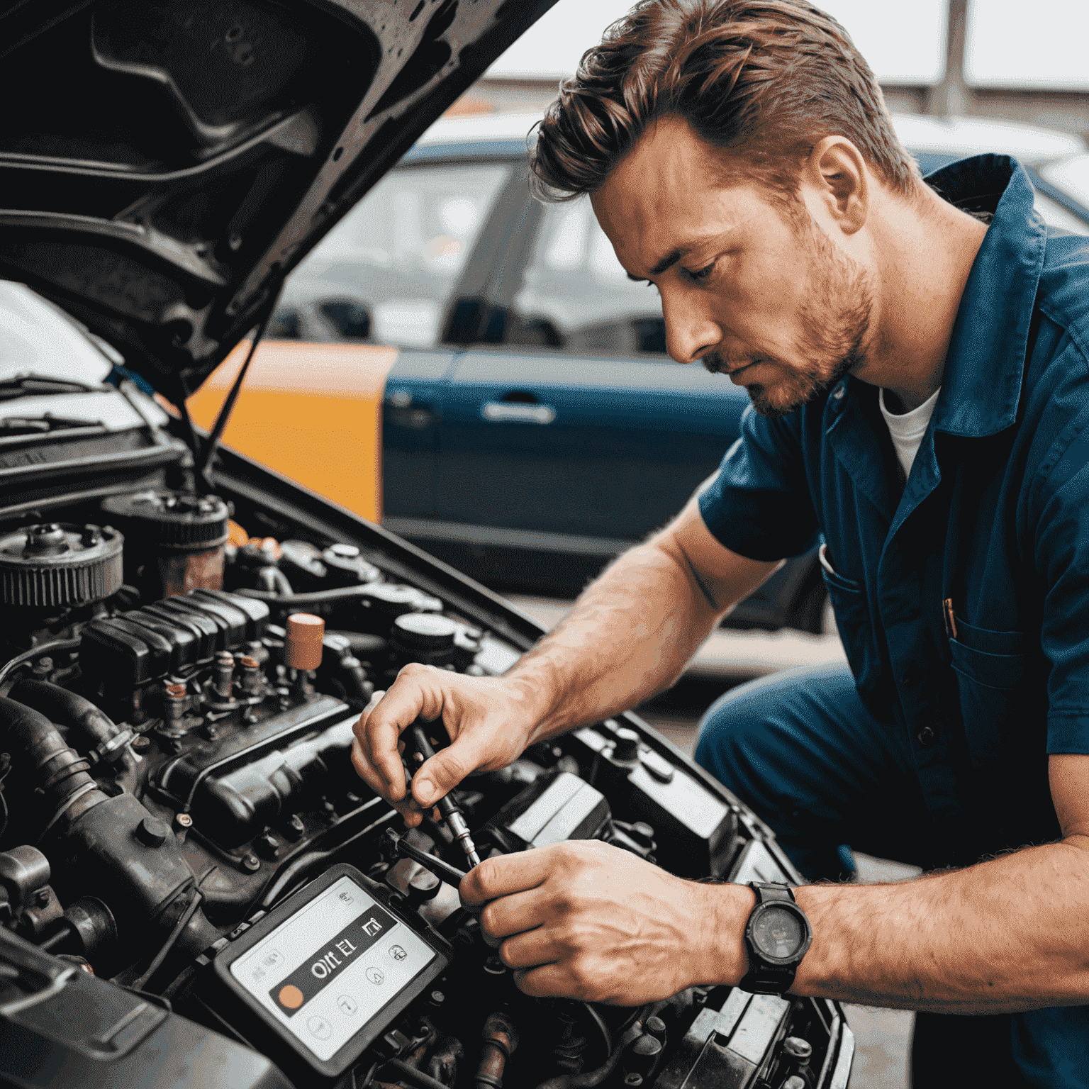 A mechanic checking the oil level in a car engine